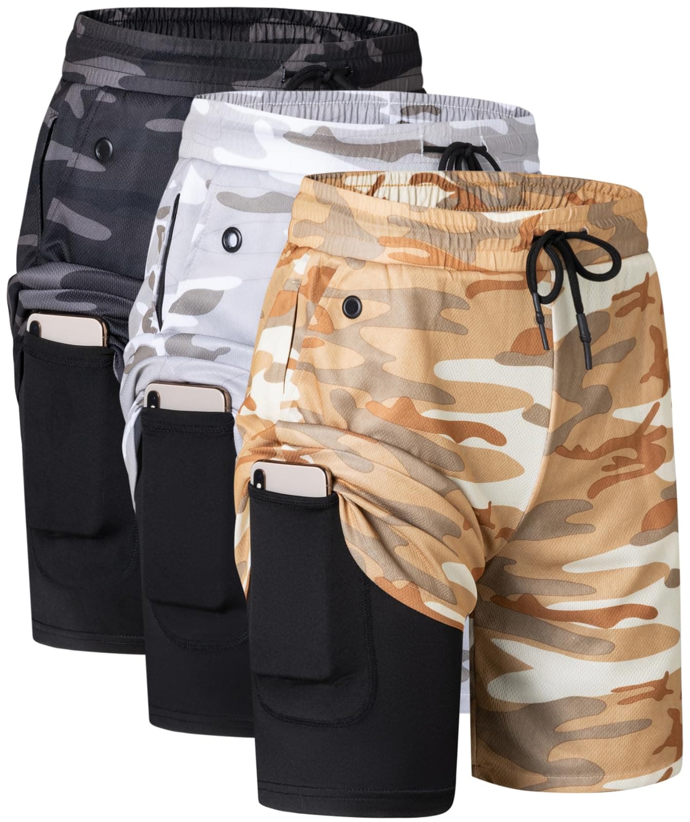JWJ 3 Pack Men's 2 in 1 Workout Running Shorts 7 Inch Lightweight Athletic Gym Shorts with Compression Liner Camouflage Black Camo White Camo Khaki L