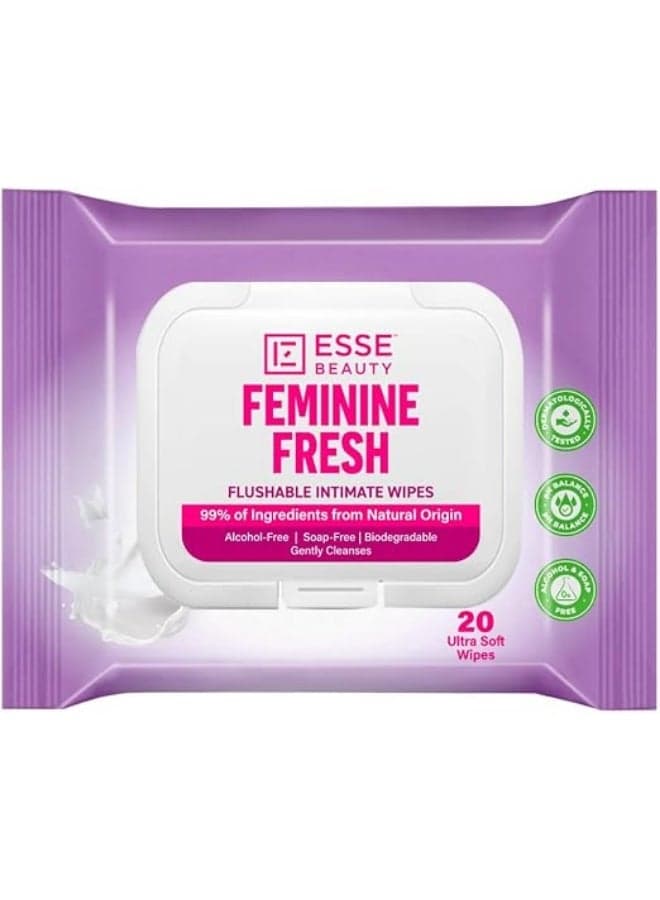 Feminine Fresh Intimate Wipes, 20 Count, For Sensitive Skin, With Natural Origin, Aloe & Chamomile, Alcohol-Free, Flushable, Biodegradable Wipes