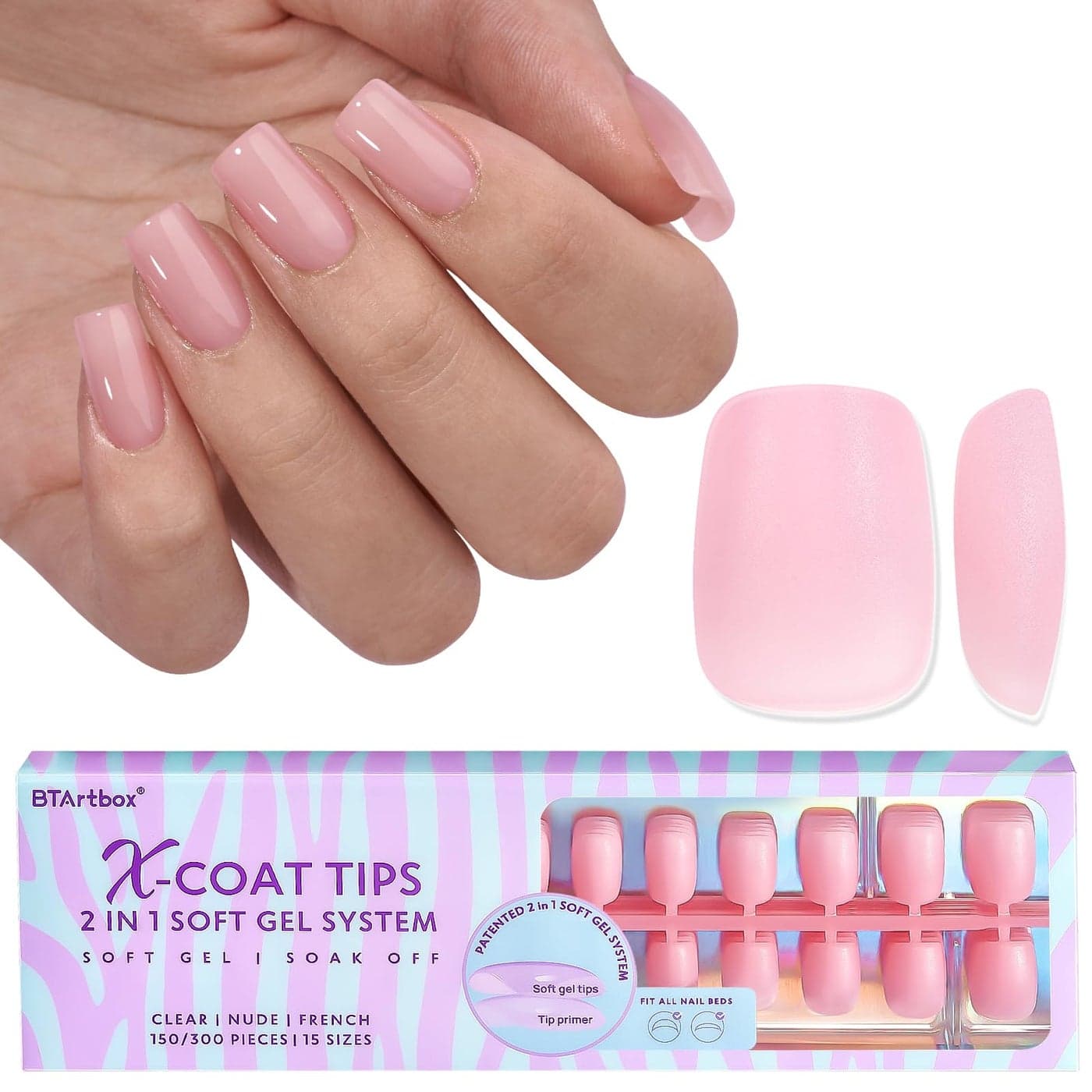 BTArtbox XCOATTIPS Natural Nail Tips Extra Short Square Press On Nails Pink Long Lasting Soft Gel Nails False Nail Soak Off Acrylic Fake Nails Extensions for Nail Art DIY Women
