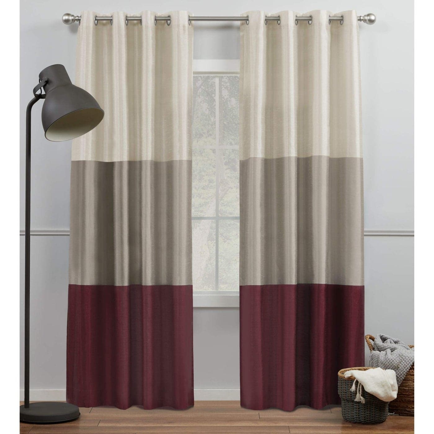 Exclusive Home Chateau Striped Faux Silk Grommet Top Curtain Panel Pair 54x96 Burgundy Taupe