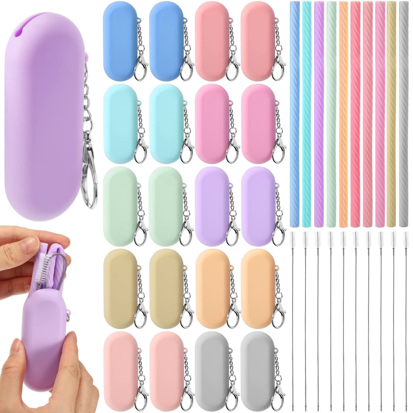 Irenare 20 Sets Silicone Straws with Case Reusable Collapsible Foldable Travel Portable Straw Cold or Hot Drinking with Carry Case Long Cleaning Brush and Keychain 10 ColorsClassic