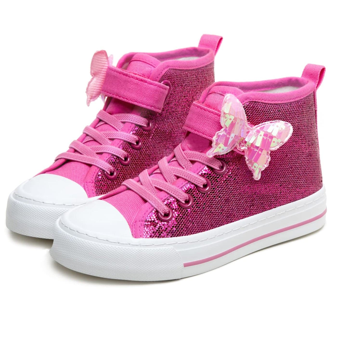 Toandon Girls Kids Sneakers Glitter Canvas Shoes Sparkle High Top Toddler Child Adjustable Hook Loop Straps Velcro Non Slip Lightweight Walking Outdoor Butterfly Pink Size 2