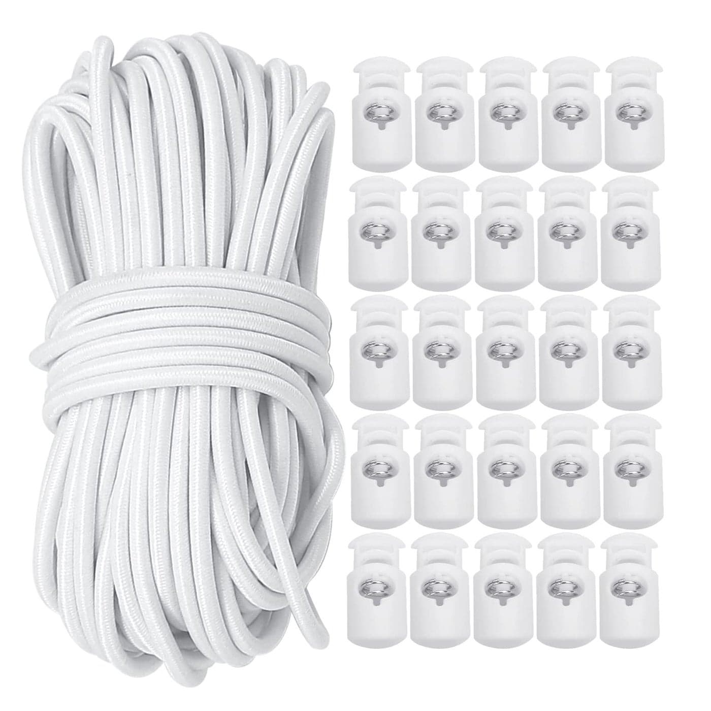 FQTANJU 11 Yards 18 Inch Elastic Cord Stretch String 25 pcs Single Hole Cord Locks Spring Toggle Stopper for Drawstring Paracord Shoelaces Clothing Backpack BagsWhite