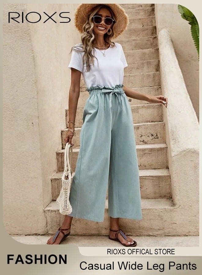 Women's Straight Wide Leg Pants, Loose Fit High Waist Tie-Knot Trousers With Pockets for Ladies, Breathable Casual Summer Flowy Pants, Front Knot Tie Elastic Waist Trousers, Lounge Business Work Pants for Beach, Vacation, Dating, Work and More
