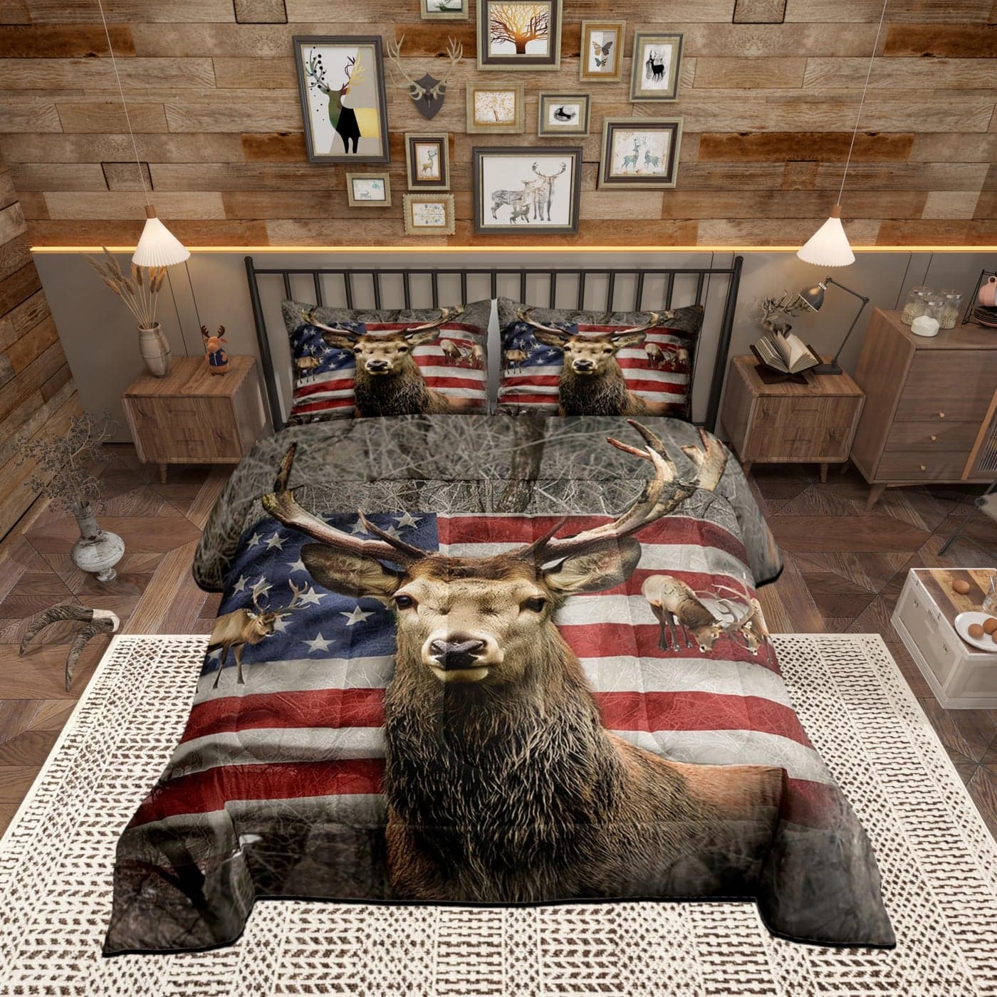Castle Fairy American Flag Deer Bedding Comforters Full Size Brown Wildlife Animal and Trees Theme Comforter Set with 2 Pillowcases Red Blue USA Flag Print Natural Quilt Set for Girls Teens Present