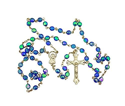 Catholic Brands Light Blue Aurora Borealis Style Glass 6MM Bead Rosary With Virgin Mary Center