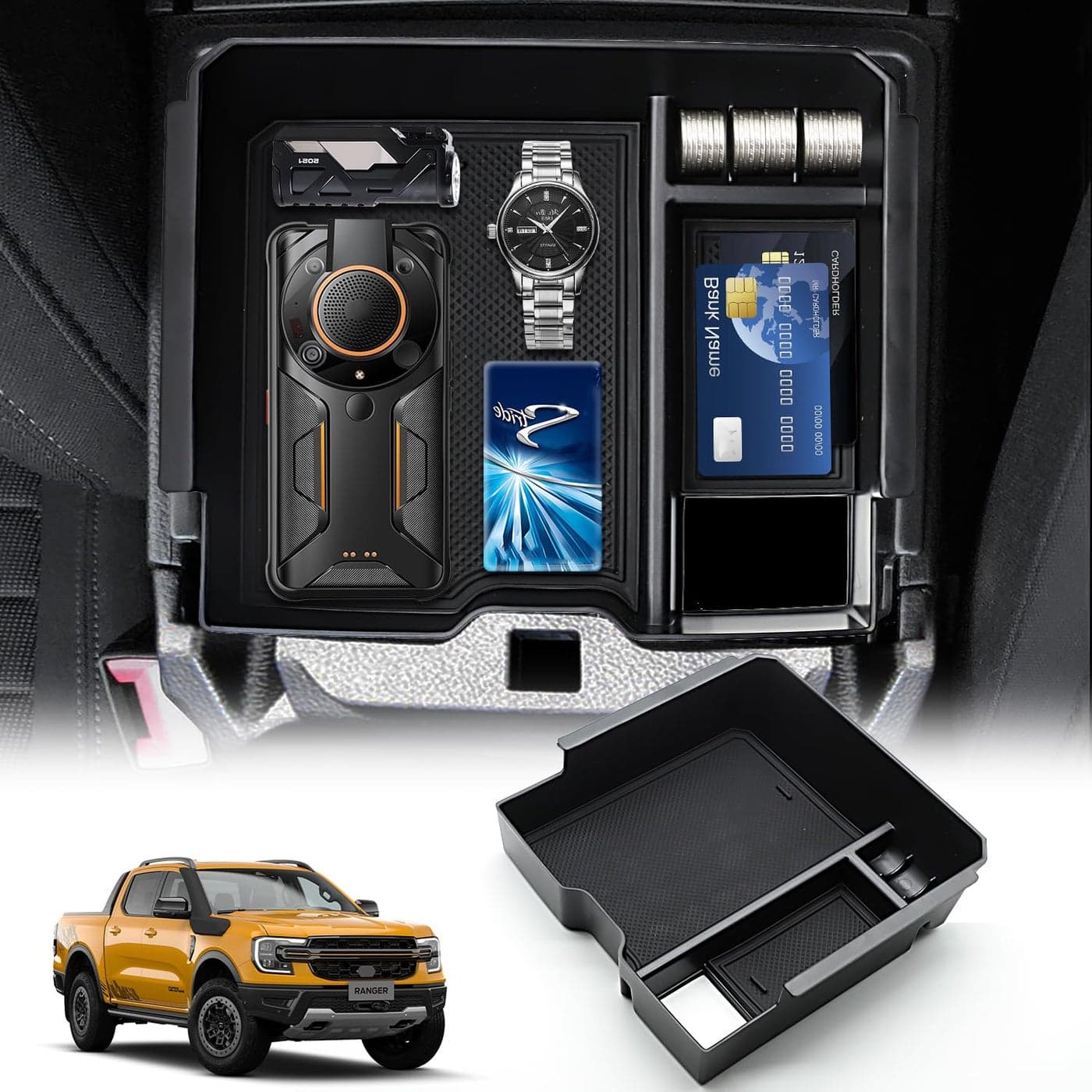 yboueo for 2024 Ford Ranger Center Console Organizer for 2024 Ford Ranger Accessories Armrest Tray Organizer for 2024 Ranger Raptor Console Insert Storage Box for Electric Handbrake Version
