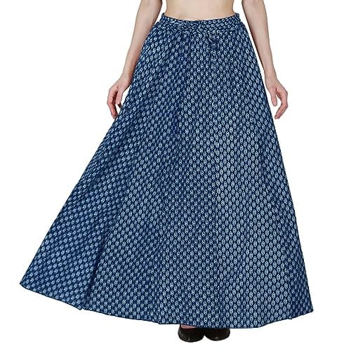 Sttoffa Pure Cotton Women Long Floral Printed Skirt Bottom Wear 40 Inch Length - Ethnic Maxi Length Full Flare Skirts for Girls (Flex_SPRC40-0067-2XS-Blue Eye)