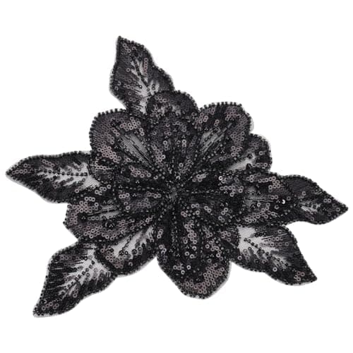 MAYJOYDIY 3D Black Flower Lace Appliques 8.46×8.66 Inch Sequin Glass Seed Beaded Gauze Embellishments Accessories Handcrafted Sparkling Lace Flower Patches for Wedding Dress Bag DIY Sewing Craft