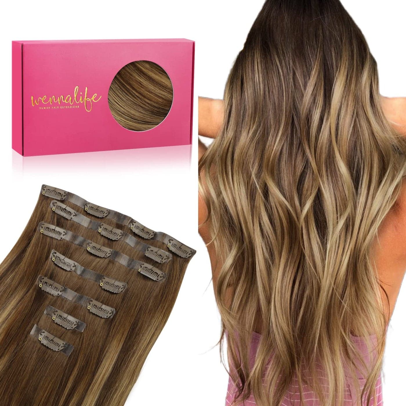 WENNALIFE Seamless Clip In Hair Extensions 20 Inch 150g 7pcs Balayage Chocolate Brown to Caramel Blonde Hair Extensions Clip In Human Hair Invisible PU Skin Weft Natural Remy Human Hair Extensions