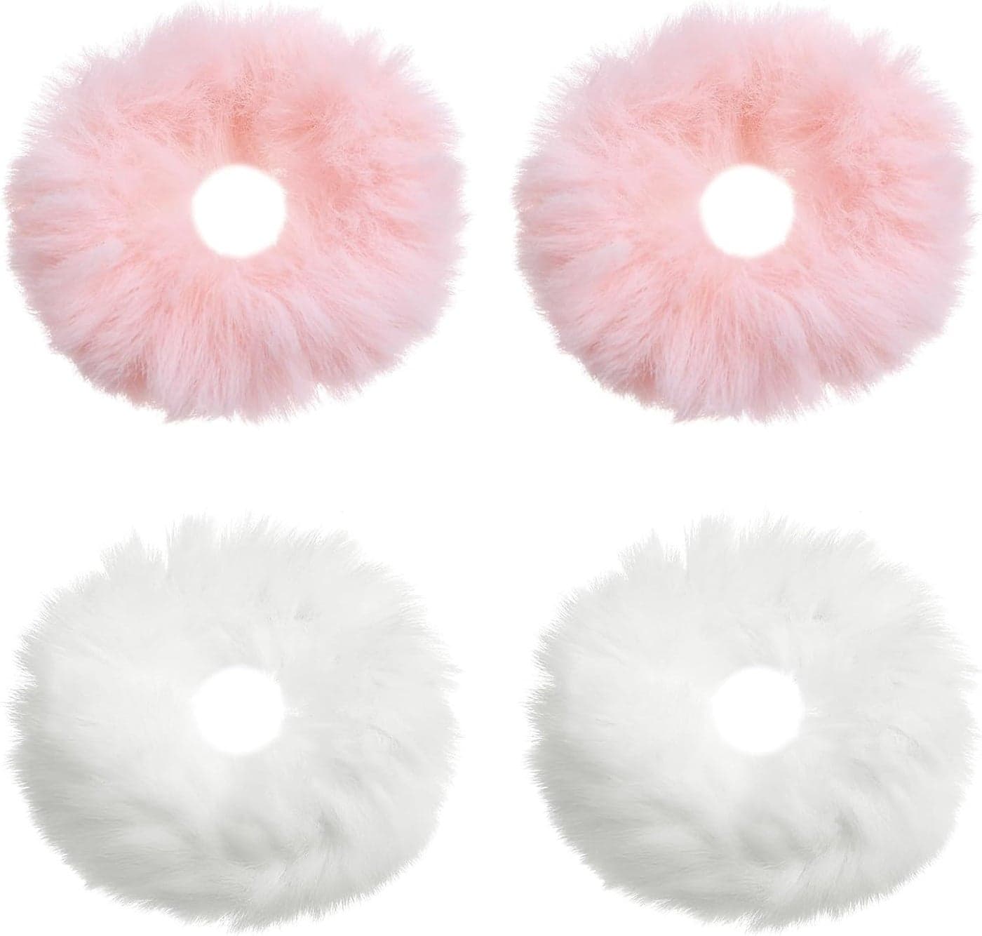4PCS Furling Scrunchies Furry Faux Rabbit Fur Hair Scrunchies for Girls Women Artificial Fur Bobbles Elastic Band Satin Scrunchie Headbands for Women Pink Pom Poms Cute Hair Ties