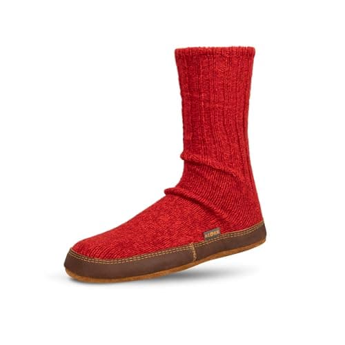 Acorn Unisex Slipper Socks, Flexible Cloud Cushion Footbed with a Suede Sole, Mid-Calf Length, Crimson Ragg Wool, 9.5-10.5 US Women