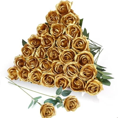 LPREUTWN 30pcs Fake Roses Artificial Silk Flowers Long Stems Bouquet for Wedding Bridal Shower Party Home Decoration (Gold)