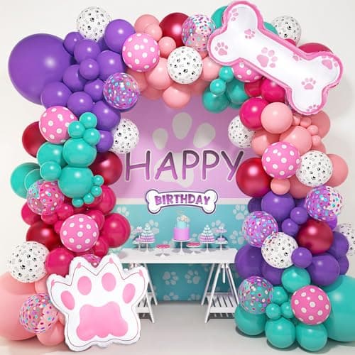 147Pcs Paw Balloons Garland Arch Kit with Dog Paw Print Balloons Pink Purple Turquoise Confetti Balloon for Girls Puppy Themed Birthday Baby Shower Party Decorations