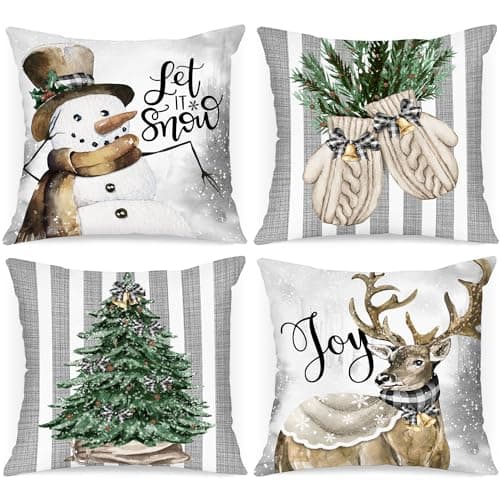 Lanpn Winter 18x18 Christmas Throw Pillow Covers Set of 4 Xmas Snowman Gloves Elk Eucalyptus Winter Decorative Holiday Pillow Case Cushion Cover 18 x 18 for Indoor Home Bedroom Sofa Couch