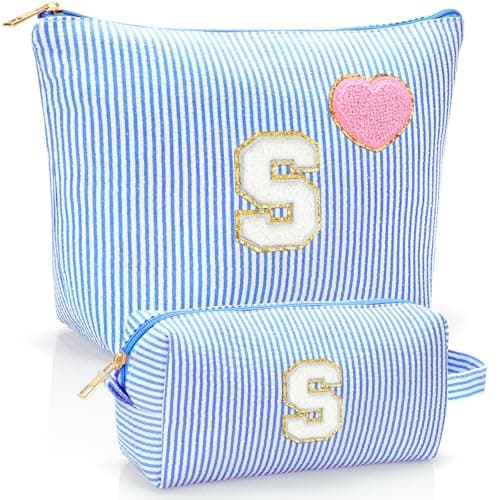 YILANCOL Initial Makeup Bag Personalized Preppy Cosmetic Bag Trendy Toiletry Travel Bag For Teen Girls Kids Women Letter Makeup Pouch Purse Holiday Gifts Birthday Gifts 2pack S Blue