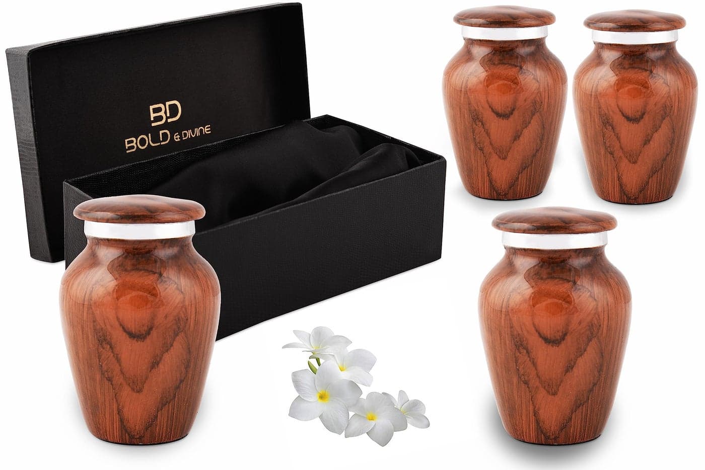 BOLD DIVINE Wooden Textured Theme Keepsake Urn Human Ashes Memorial Urn Burial Funeral Cremation Urns Red Cherry Wood Set of 4_Mini