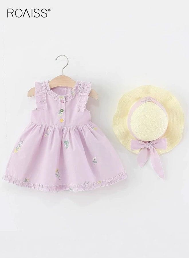 Girls 2PCS Summer Dress Set, Ruffle Sleeve Round Neck Dress and Sunhat Set, Stylish A-line Dress with Exquisite Embroidery, Elegant Chic Frock for Girls, Suitable for Daily Wear, Vacations or Any Occasion