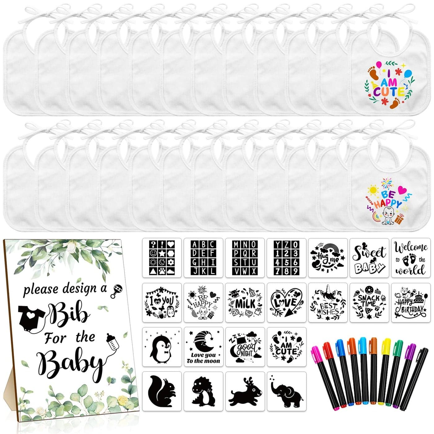 Newwiee 55 Pcs White Bibs for Baby Decorating Design a Bib Decorate Plain newborns Bibs Wooden Sign for Baby Shower Games KitGreenery