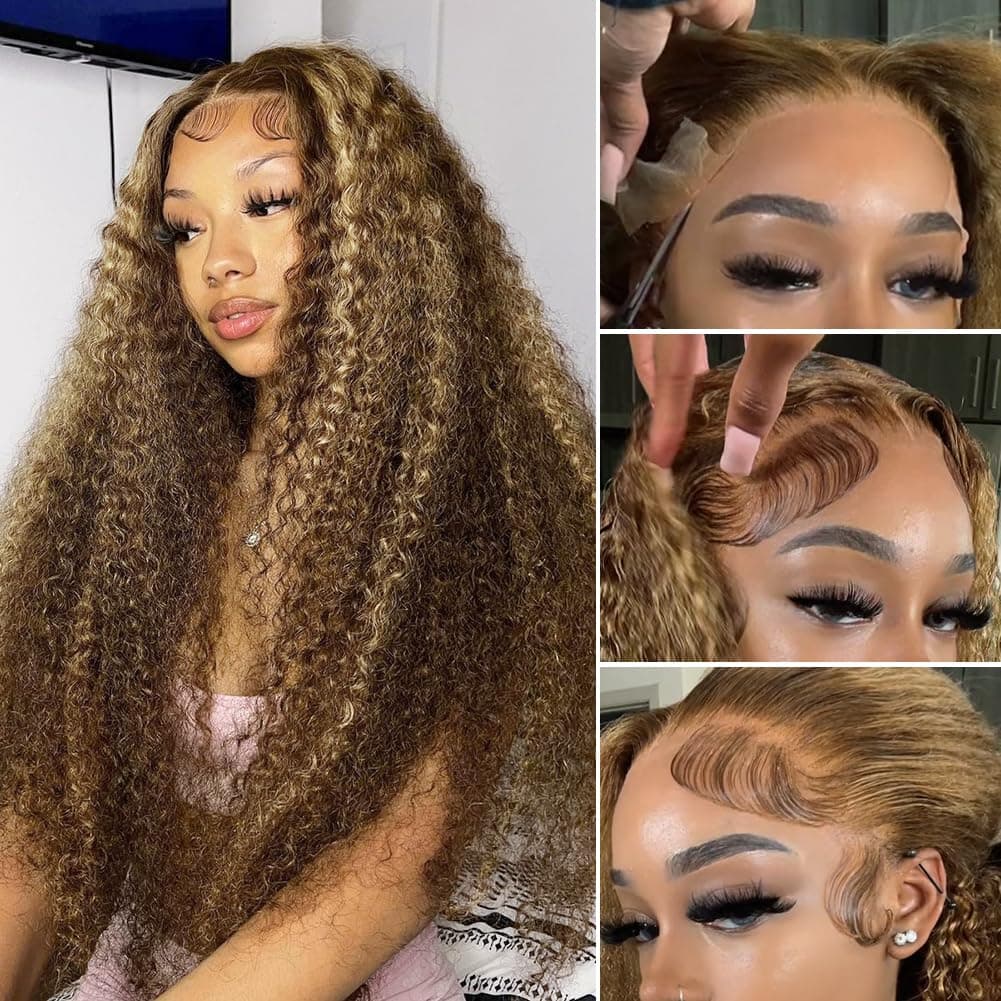CYNOSURE Highlight Ombre Deep Curly Lace Front Wigs Human Hair Pre Plucked 180 Density Honey Blonde Jerry Curly Wig Human Hair 13x5 HD Transparent Lace Frontal Wigs Human Hair for Women 26Inch