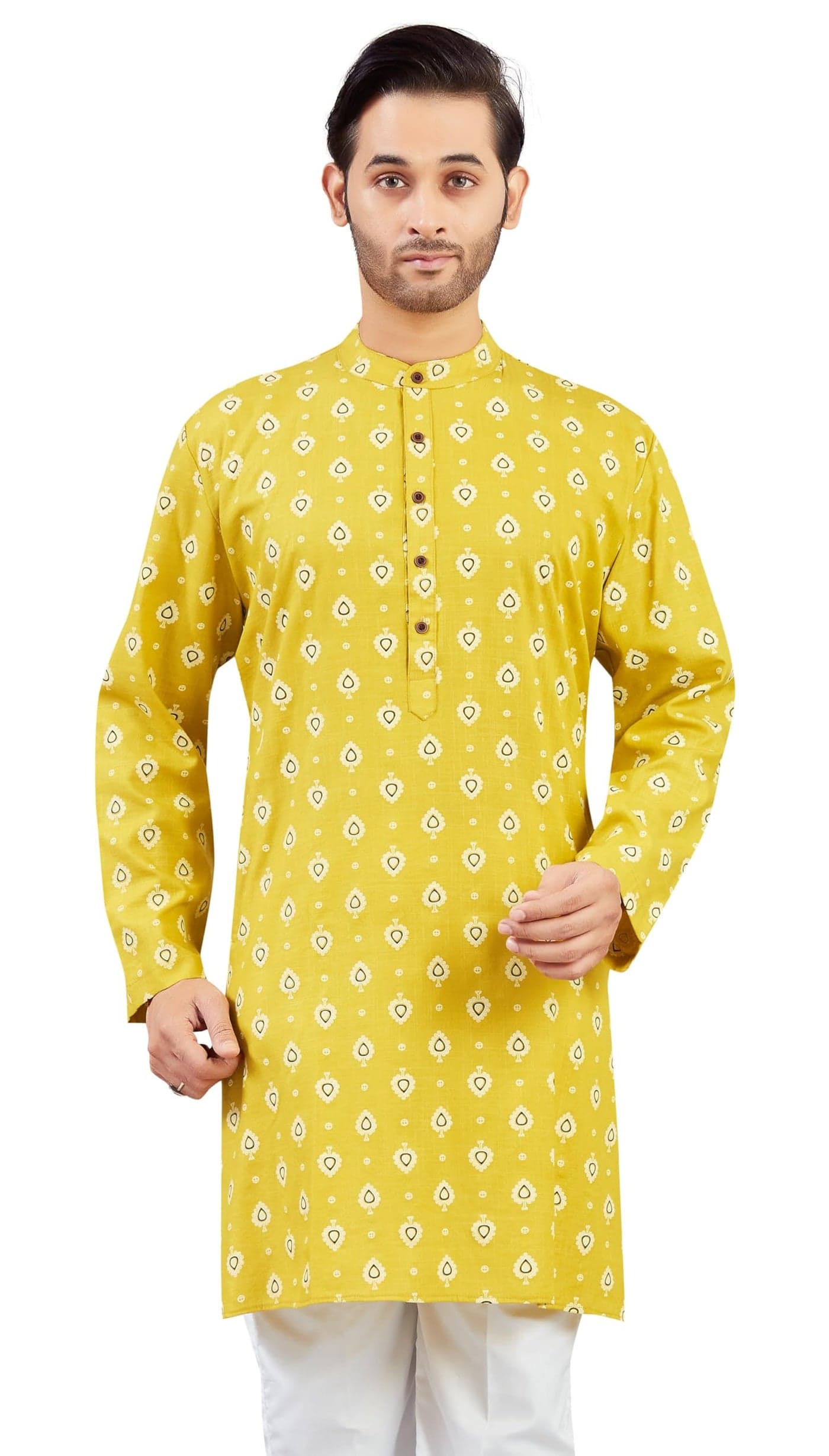 Studio Shringaar Men's Cotton Relaxed Fit Haldi Yellow Printed Knee Length Kurta (Yellow, 5XL)