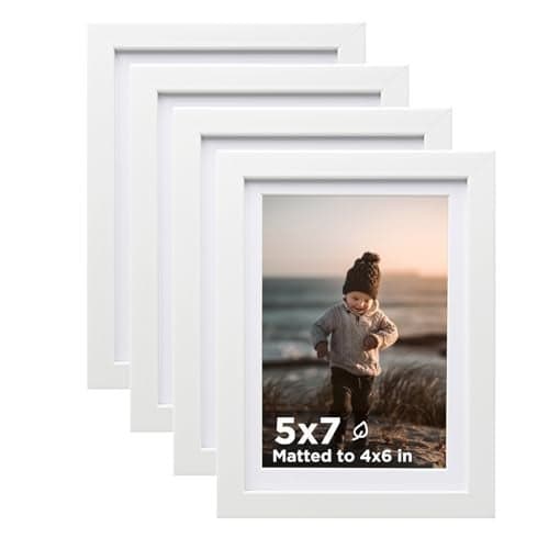 KINLINK 5x7 Picture Frame White Set of 4, Wooden Photo Frames Matted 4x6 with Plexiglass for 4x6 with Mat or 5x7 without Mat for Table and Wall Display
