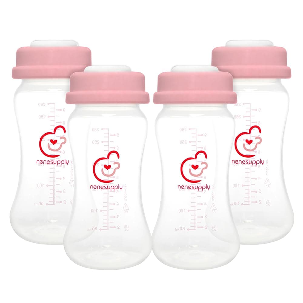 NENESUPPLY Breastmilk Storage Bottles Collection Bottles for Spectra S1 S2 Motif Luna Breast Pumps 4 pc 9oz 280ml with Collar and Sealing Disc Replace Spectra Bottles for Pumping WideMouth