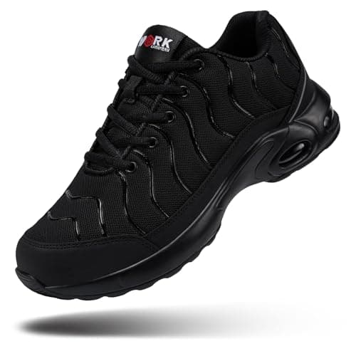 DYKHMILY Steel Toe Sneakers for Men Wide Air Cushion Work Shoes Puncture Proof Lightweight Safety Sneakers Breathable Slip Resistant Steel Toe Tennis Shoe Comfort(10.5,Black,LSE31270)