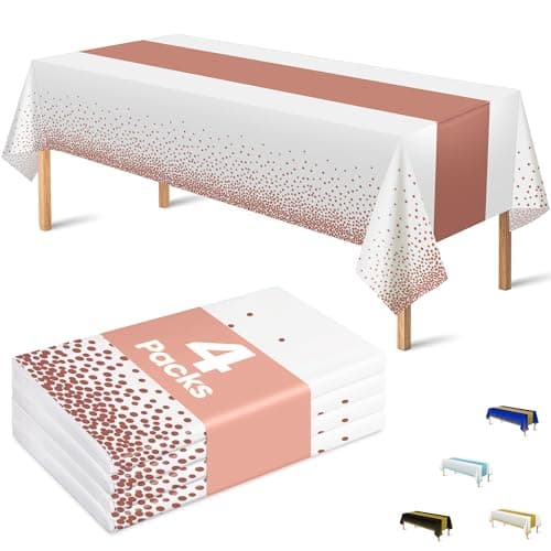 OHOME 4 Pack Disposable Plastic Table Cloths,White and Rose Gold Rectangle Table Covers for Birthday Valentines Decor Pink Sweet 16 Party Decorations - Baby Shower Decorations for Girl 54" x 108"