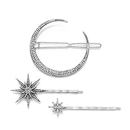 AKOAK 3 Pcs Star and Moon Hairpins, Rhinestone Metal Hair Accessories, Hairstyle Decorate Accessories for Girls or Women, Simple Fashion (Silver)