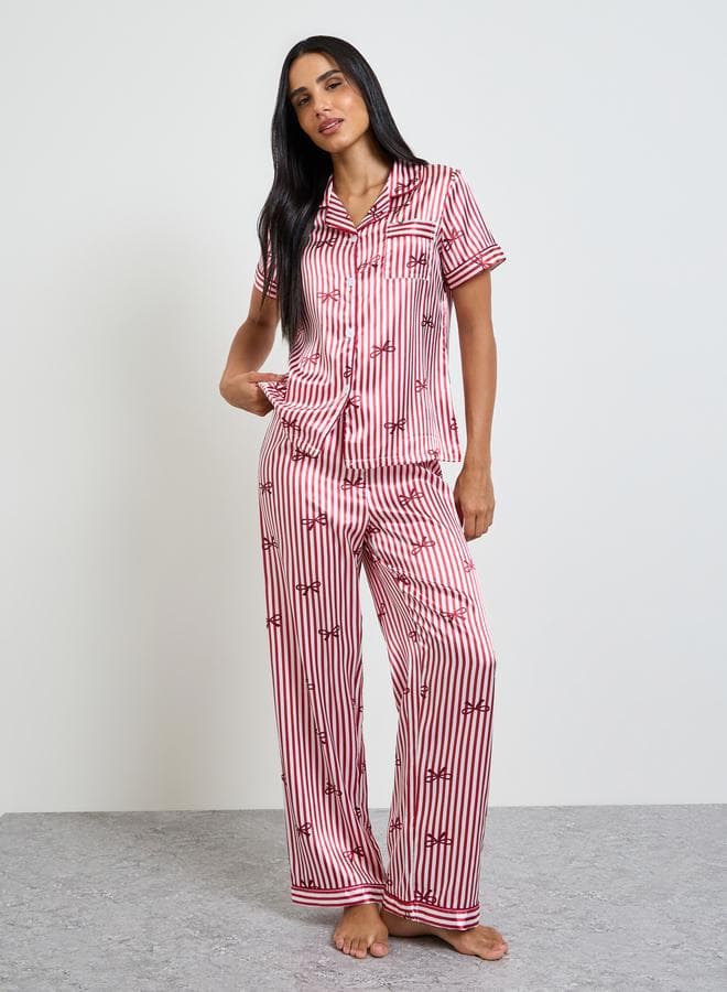 Red Bow Print Striped Shirt and Pyjama Set