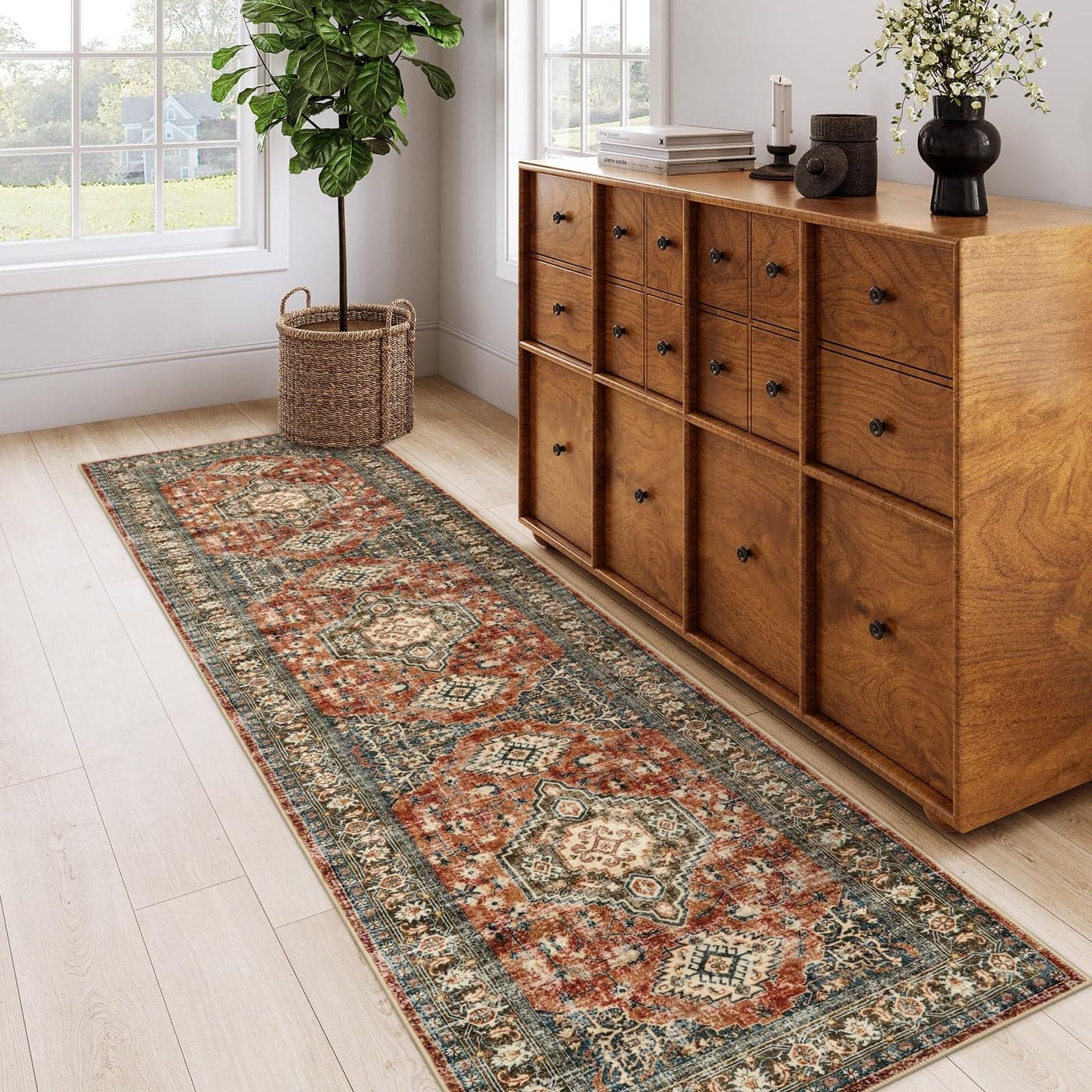 Lahome Oriental Hallway Runner Rug Non Slip 25x8 Kitchen Washable Runner Soft Hallway Rug Traditional UltraThin Carpet for Bathroom Entryway Laundry Room Brick Red