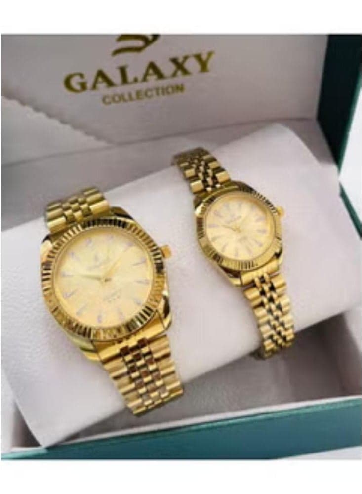 Galaxy Beautiful couple watches Fashion stainless steel chain watches Set of two Gold