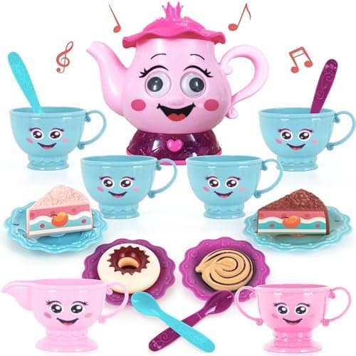 ArtCreativity Musical Tea Set for Girls 19 Piece Girls Tea Party Set Toddler Tea Set with Motion Activated Pouring Sound Music and Tea Sets for Toddlers 35