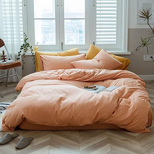AMWAN Orange Duvet Cover Twin Peach Pink Bedding Set 100% Knitted Cotton Comforter Cover Solid Color Hotel Quality Luxury Bedding Set 1 Duvet Cover with 2 Pillowcases