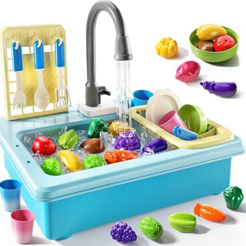 JUKUDAHU Play Sink with Running Water Play Kitchen Toys Sink for Kids 3 4 5 6 7 Years Old Electrical Dishwasher Color Changing Kitchen Accessories Dishes Games Gifts for Toddlers 35