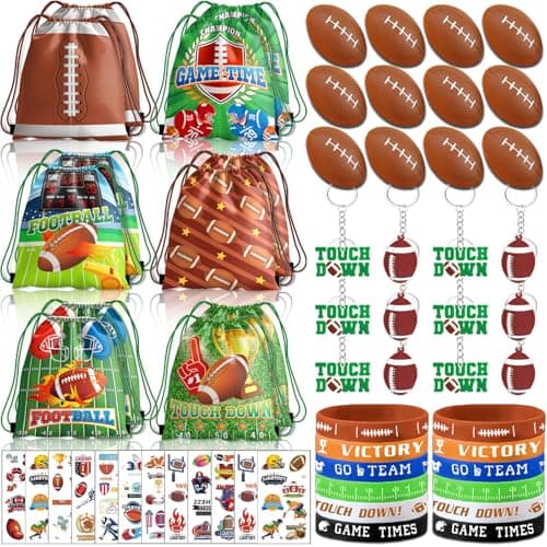60pcs Football Party Favors Football Goodie Bags Football Gift Bags Stuffers for Boys Includes Drawstring Bags Bracelet Keychain Tattoo Stickers Mini Football for Football Birthday Party Supplies