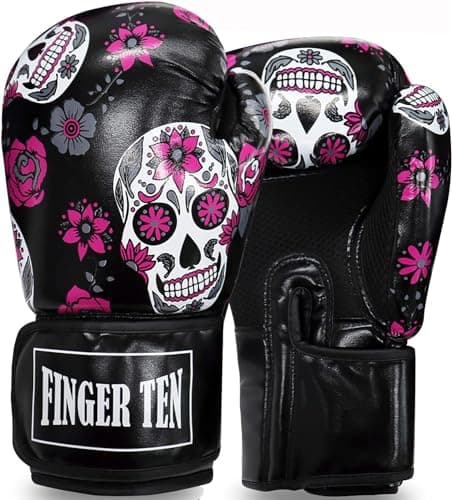 Boxing Gloves Women Punching Sparring Kickboxing MMA Training Heavy Bag Glove Pink White Rosy Black Leather for 8 10 12 14 oz for WomensBlack Printed 14 oz