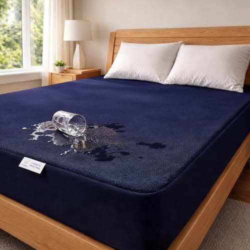 MY ARMOR Premium Ultra Soft Cotton Feel Mattress Protector Queen Size 72" x 48" Double Bed Protector | 100% Waterproof, Breathable, 2 Layer Protection | Washable | Elastic Skirting - Navy Blue