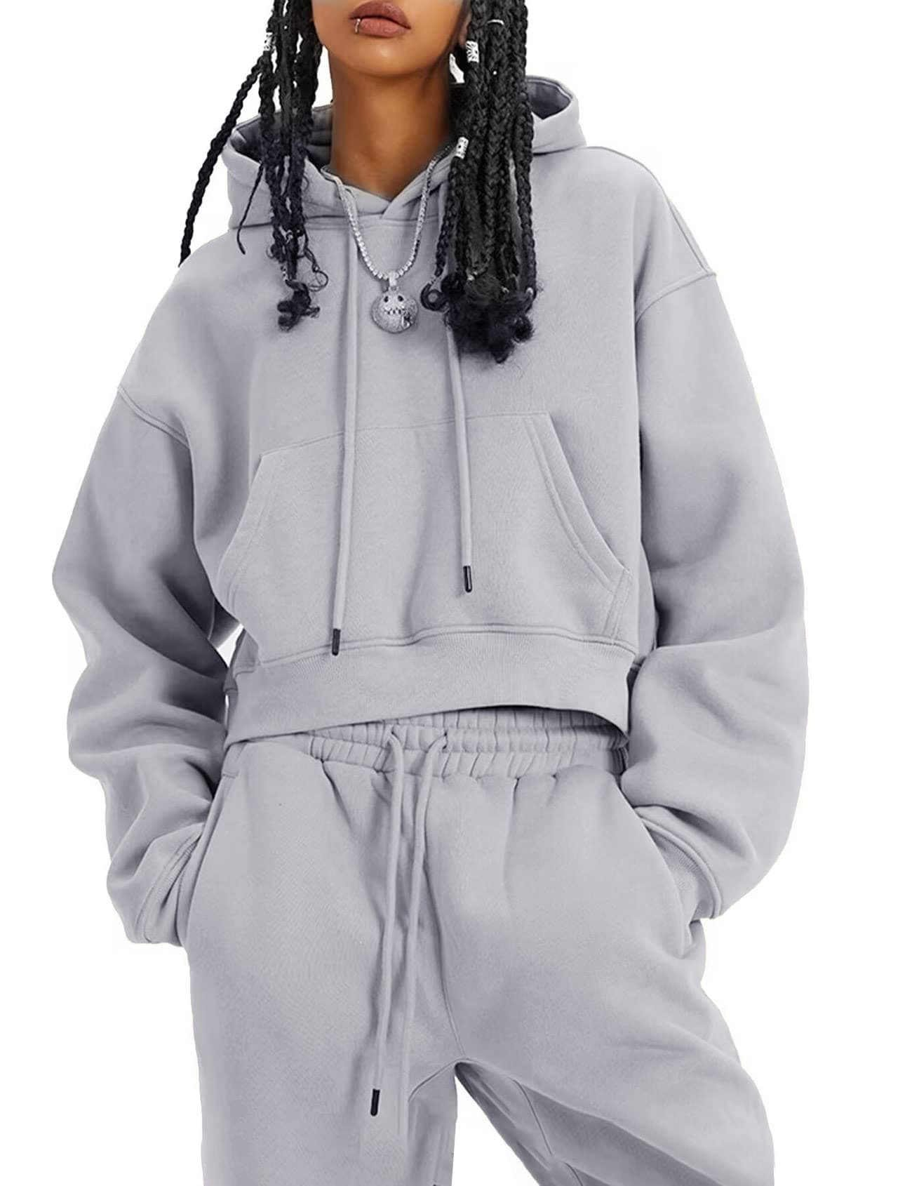 Flygo Womens Fleece 2 Piece Outfits Sweatsuit Crop Pullover Sweatshirt Joggers Pants Tracksuit Set(LightGrey-XL)