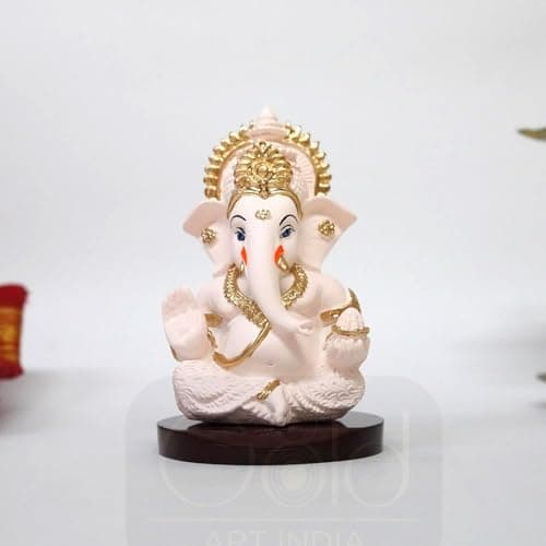 Gold Art India Ganesha Idol | Ganesh Statue for Home Decor | Ganesha murti for Office Desk, & Ganpati Idol for Car Dashboard | Unique Wedding & Birthday Gift (PEACHIVORYMDF 3.5")