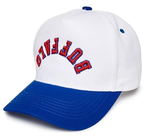 Funky Junque Retro Buffalo Hat Baseball Cap with Upside Down City Arched Embroidery Unisex Adjustable Snapback for Football Game Day Nightlife Buffalo Backwards Royal BlueWhite