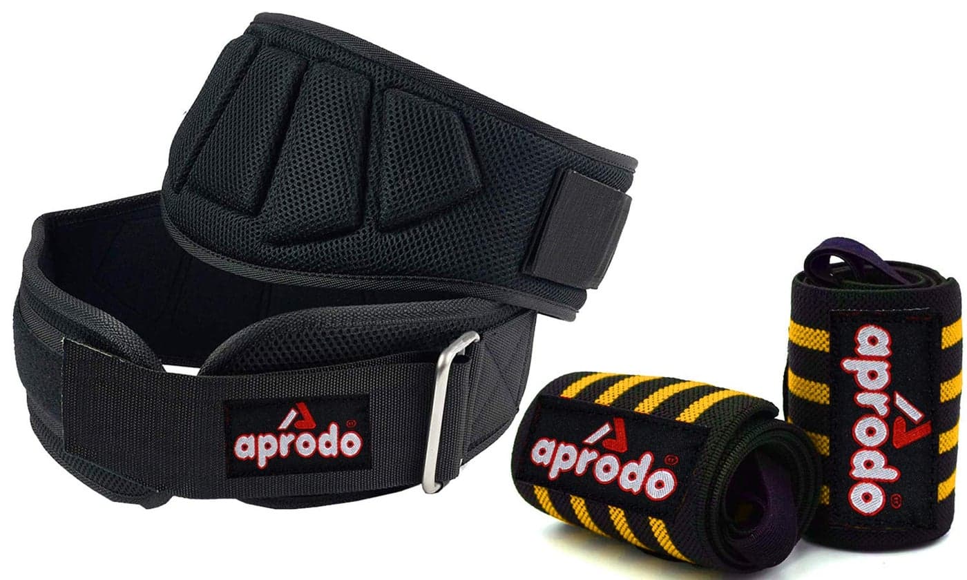 Aprodo Fitness Combo Power Nylon Weightlifting Belt with Wrist Support (1 Pair) for Men and Women (Black Yellow Combo, Medium 32'' - 36'')