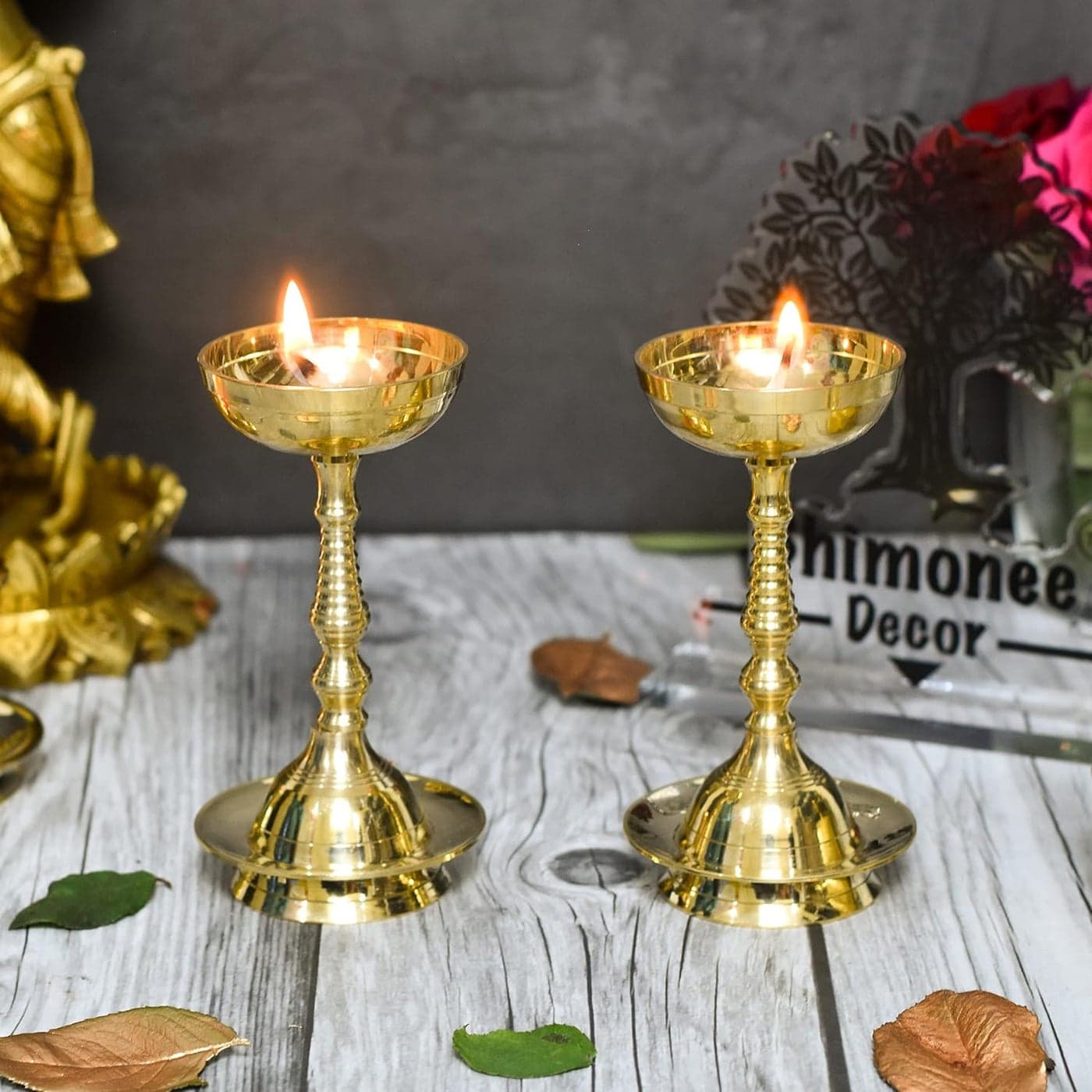 Bhimonee Decor Pure Brass Plain Nanda Bowl Long Table Diya 55 inches Big Brass Pack of 2 pcs with Lavanga 2pc