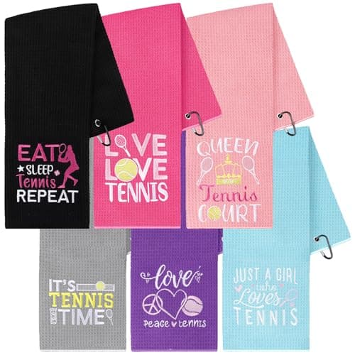 DAVAXI 6 Pcs Tennis Towels 24x16 Soft Microfiber Absorbent Sweat Tennis Hand Towels with Carabiner Clip Embroidered Prints Sports Gym Towel Accessory Gifts for Men Women Team Sport Players Hiking