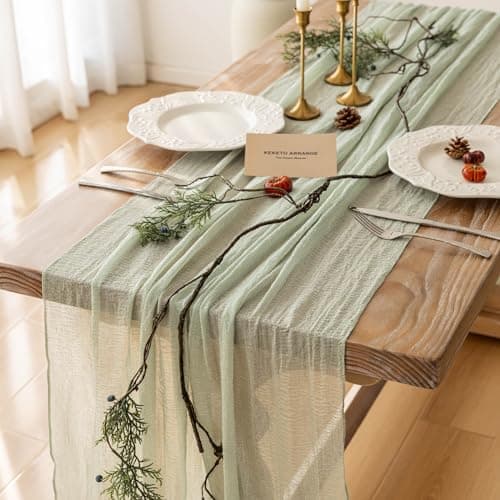 Keketoarrange Sage Green Table Runner Cheesecloth 120 Inch 10 FT Rustic Boho Cheese Cloth Table Runner for Wedding Baby Shower Bridal Shower Sheer Gauze Centerpiece Home Decorations