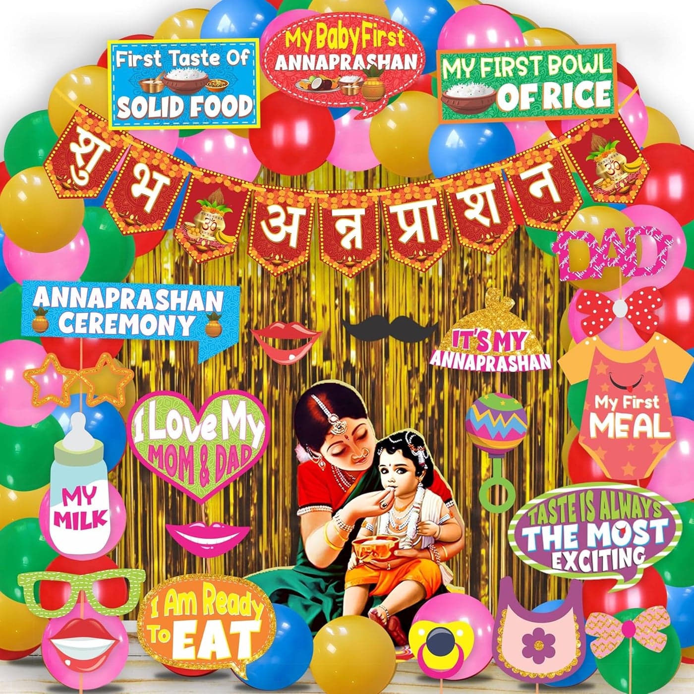 Wobbox Shubh Annaprashan Decoration Items Set which Includes Baby annaprashan Ceremony Props Subh Annaprashan Banner Backdrop Foil Curtain Rice Ceremony Decorations Items44 Pcs SetFP5759