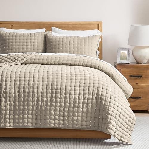 WDCOZY Beige Queen Size Quilt Bedding Sets with Pillow Shams Cream Tan Lightweight Soft Bedspread Coverlet Quilted Blanket Thin Comforter Bed Cover for All Season 3 Pieces 90x90 inches