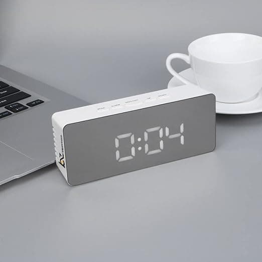 R RUNILEX Digital Mirror Alarm LED Bedside Clock with Temperature Snooze Voice Control Makeup Mirror Adjustable Brightness LED Clock White Mirror
