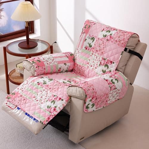 Skidproof Sofa Cover-Floral Sofa Slipcover with Elastic Straps-Easy Fit Slip Cover-Washable Furniture Protector for Pets and Kids(Recliner,Pink)